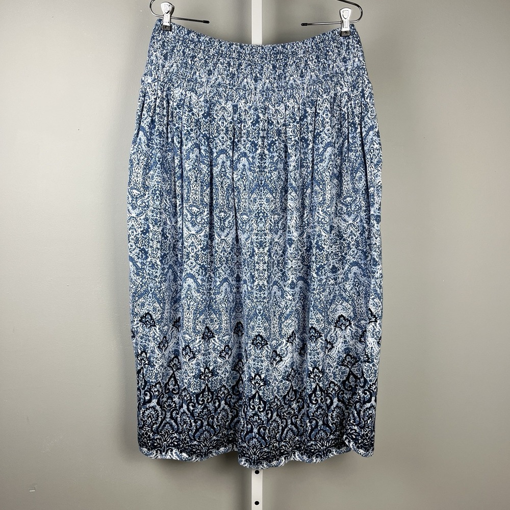 J. Jill Smocked Waist Maxi Skirt Womens‎ Medium Blue Print Tassel Drawstring NWT - Picture 5 of 6